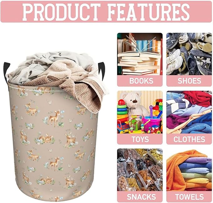 Watercolor Baby Deers Animal Round Laundry Hamper Storage Basket Toys Clothes Organizer Bin For Home Bathroom Bedroom Dorm Nursery, 62l