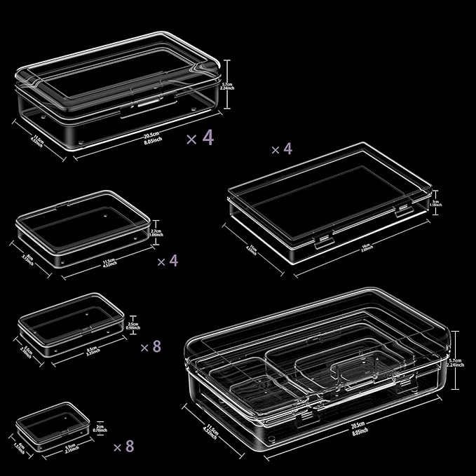 24Pack Mixed Sizes Small Plastic Storage Containers, Mini Rectangular Small Items Organizer Boxes with Hinged Lids and Labels for Craft Jewelry Beads ﻿