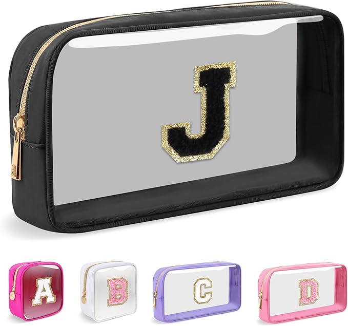 Small Clear Personalized Initial Makeup Bag,Nylon Preppy A-Z Chenille Letter Patch Cosmetic Pouch Beach Toiletry Bag,Waterproof Zipper Travel Purse Storage Bag Organizer for Women Girls(Black-Black J)