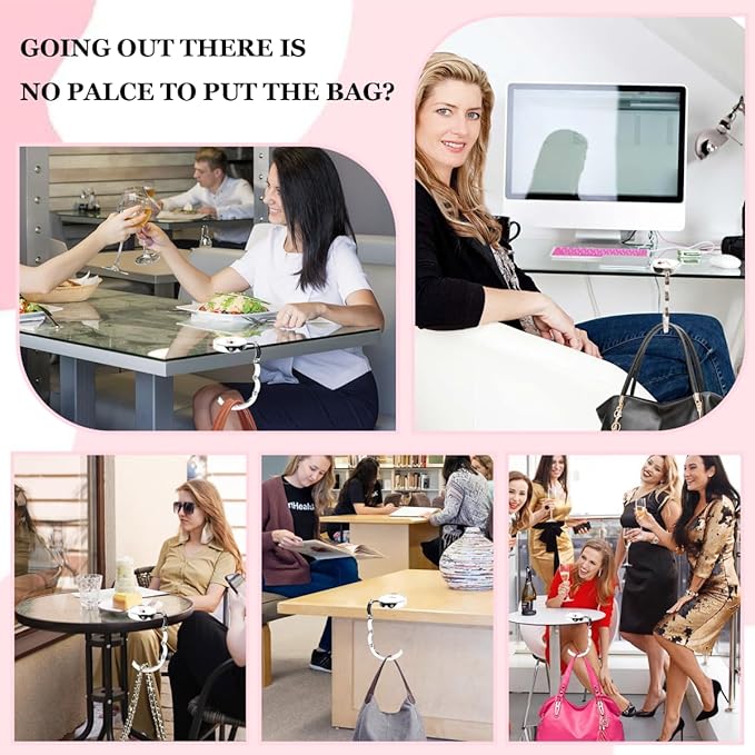 XSUIOY 3Pcs Personalized Initial Foldable Purse Hook for Table,Crushed Flower Letters Folding Purse Hanger,Purse Holder Handbag Hanger Collection Desk Table Bag Hooks Gifts for Women Bag(Pink-V)