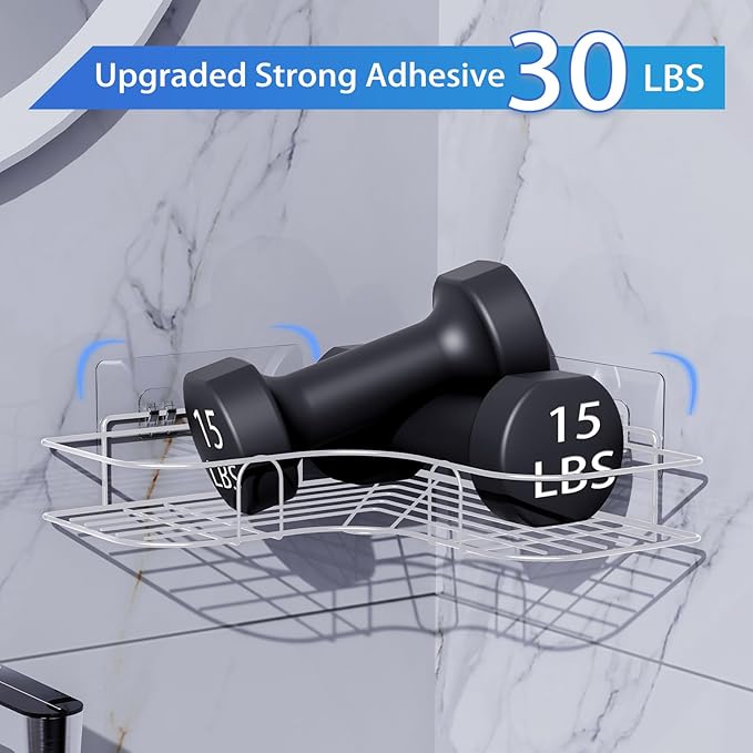 Corner Shower Caddy, 2 Pack Adhesive Shower Corner Organizer Shelves, No Drilling Stainless Steel Shower Storage Rack for Bathroom, Dorm and Kitchen, White