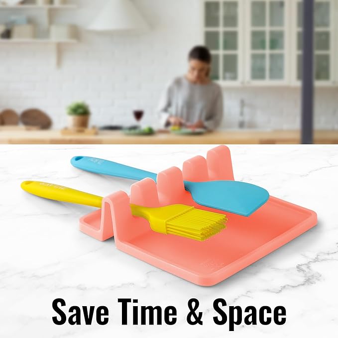 Zulay Kitchen Silicone Utensil Rest with Drip Pad for Multiple Utensils - BPA-Free, Heat-Resistant Spoon Rest & Spoon Holder for Stove Top - Kitchen Utensil Holder for Ladles & Tongs - Peach Bud