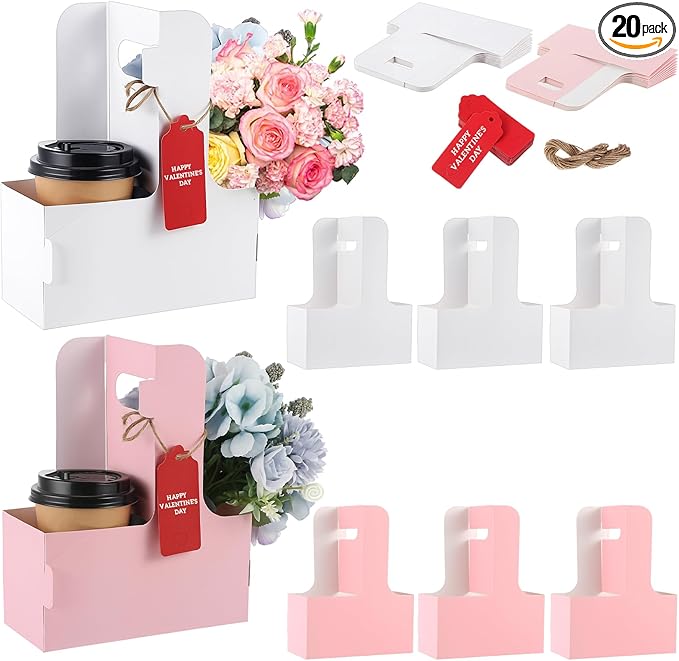MotiMind 20 Pack Mother's Day 2 Cup Drink Carrier with Handle, Kraft Paperboard Teacher Cup Holder Portable for Hot Cold Drinks, Coffee Carrier Gift with Heart Card Rope (White,Pink)
