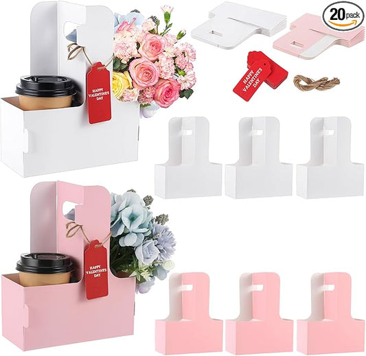 MotiMind 20 Pack Mother's Day 2 Cup Drink Carrier with Handle, Kraft Paperboard Teacher Cup Holder Portable for Hot Cold Drinks, Coffee Carrier Gift with Heart Card Rope (White,Pink)