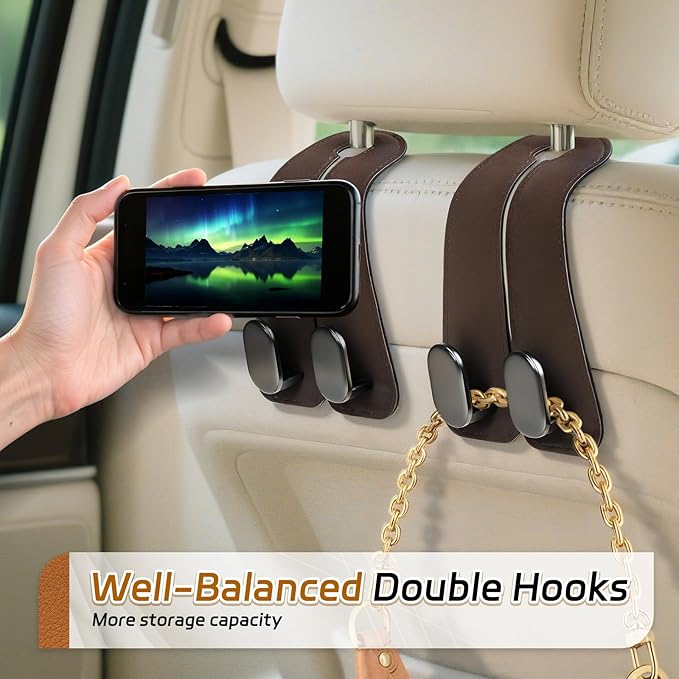 Fitnice Car Seat Headrest Hooks - 4 Pack Universal Car Purse Hook, Leather Car Bag Purse Holder with Double Metal Hooks for Handbags, Grocery Bags, Bottles, Phones, Brown