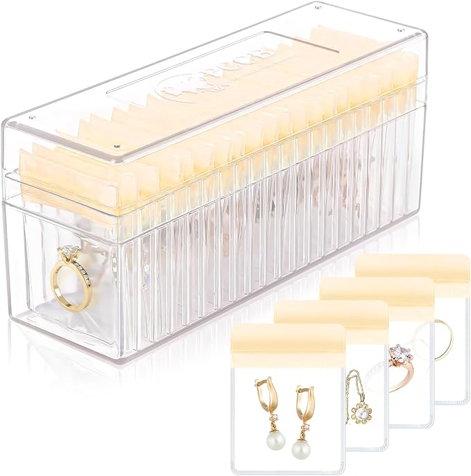 Acrylic Jewelry Box Organizer, Clear Jewelry Organizer Holder with 20 Portable Anti Tarnish Jewelry bags, Travel Jewelry Case for Earrings/Rings/Necklaces for Women Girls, Yellow