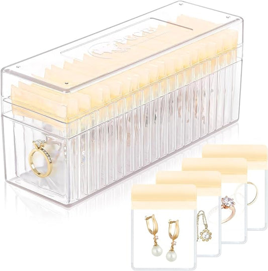 Acrylic Jewelry Box Organizer, Clear Jewelry Organizer Holder with 20 Portable Anti Tarnish Jewelry bags, Travel Jewelry Case for Earrings/Rings/Necklaces for Women Girls, Yellow