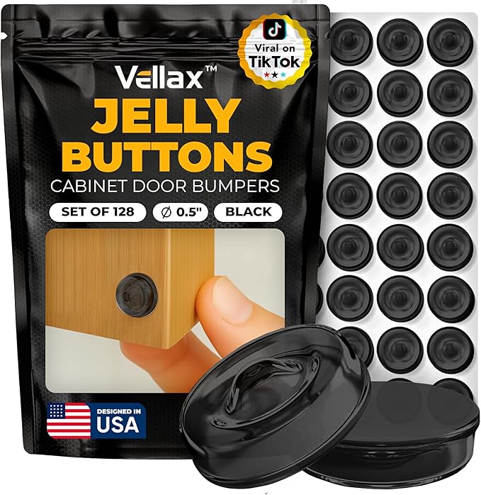 128 Self Adhesive Cabinet Door Bumpers – Sticky Black Silicone Rubber Pads for Furniture Drawers, Kitchen Cabinets, Decor, Wall Protection – Vellax