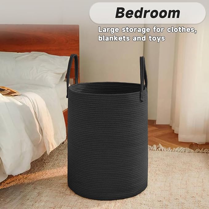Large Woven Laundry Basket Hamper, 60L Cotton Rope Storage Bin for Blankets, Toys, and Clothes, Decorative Tall Nursery Hamper for Living Room, Baby Nursery, Bathroom, and Bedroom, Black