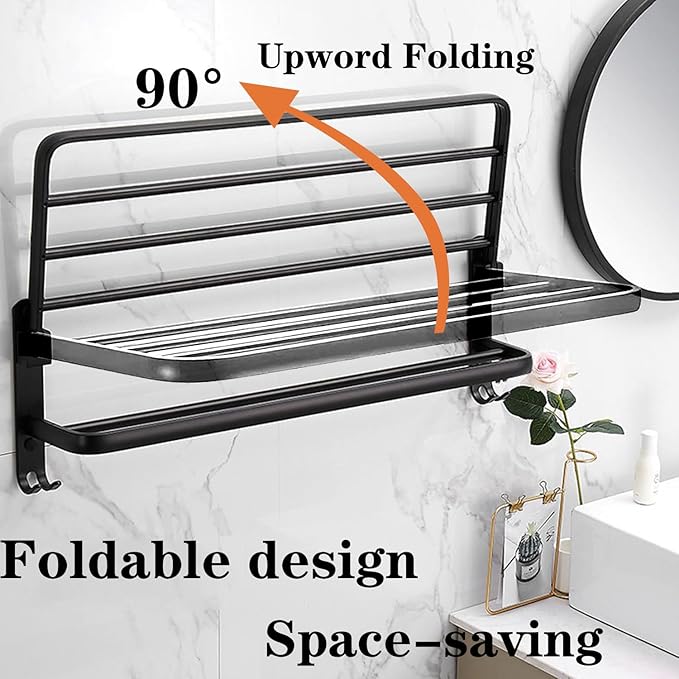 Towel Rack for Bathroom, Bath Towel Holder with Double Towel Bar and Foldable Towel Shelf, Rustproof Towel Organizer Wall Mounted Towel Storage Hanger for Bath/Balcony/Lavatory (16in Black)