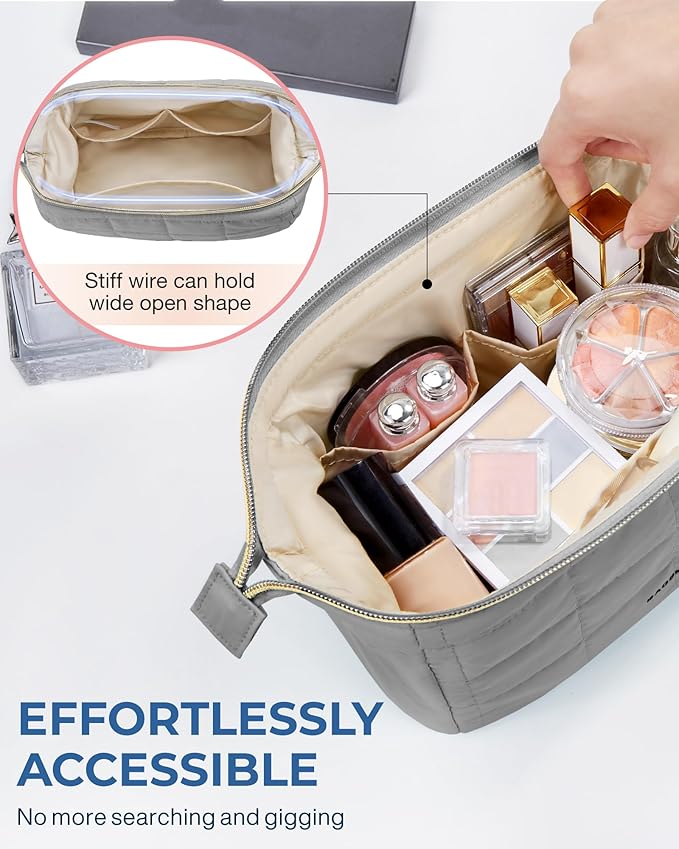 BAGSMART Makeup Bag Travel Toiletry Bag, Puffy Padded Makeup Bags for Women Makeup Organizer Case, Wide-Open Pouch Purse Travel Essentials Toiletries Accessories Brushes, Gray