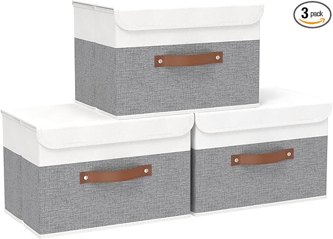 Yawinhe Storage Bins with Lids, Fabric Foldable Boxes, Washable and Leather Handle, Cube Organizer Basket for Home, Closet, White/Grey, 17.7''Lx11.8''Wx11.8''H, 3-Pack, USNK024WGX-3