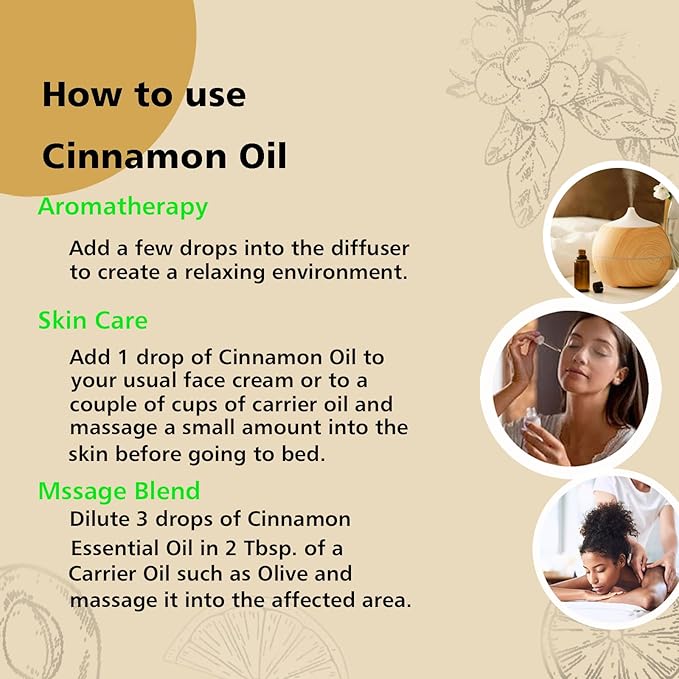 Cinnamon Oil - Pure Organic Essential Oil for Diffuser, Spray, Massage, DIY Candles & Soap - Cinnamon Bark Oil, 10mL