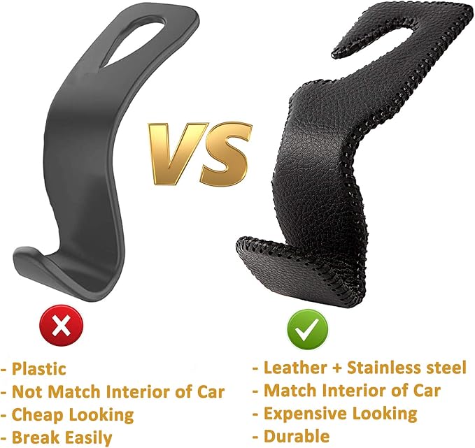 AMVOYOA Headrest Hooks for Car, Back Seat Organizer Gray Leather Hanger Holder Hook, for Hanging Purses and Bags and Coats, Pack of 2