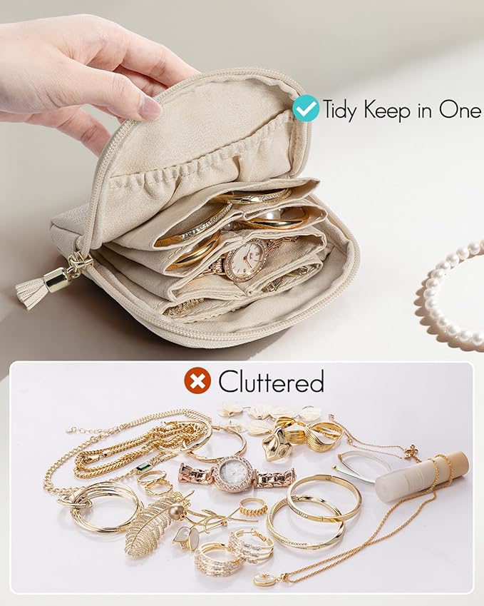 Vlando Mini Jewelry Travel Case, Jewelry Pouch Bags with Zipper, Velvet Jewelry Organizer Storage Bag for Bracelet Rings Earring Travel Essentials Gifts for Women Girl-Beige