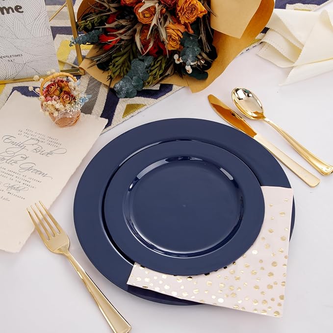 FLOWERCAT 60PCS Blue Plastic Plates - Heavy Duty Blue Disposable Plates (10.25" & 7.5") - Serves 30 Guests for Birthday Parties/Weddings/Presidents' Day/Memorial Day/Hanukkah