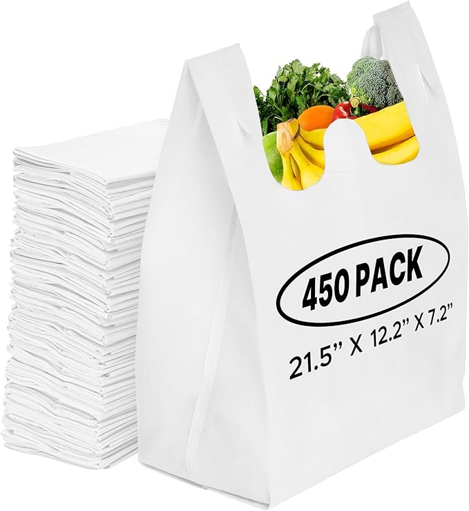 Simply Cool 450-Pack Reusable Eco-Friendly Grocery T-Shirt Shopping Bags 21.5"x12.2"x7.2" Durable, Recyclable Washable Foldable Portable Shopping Tote Bags Bulk