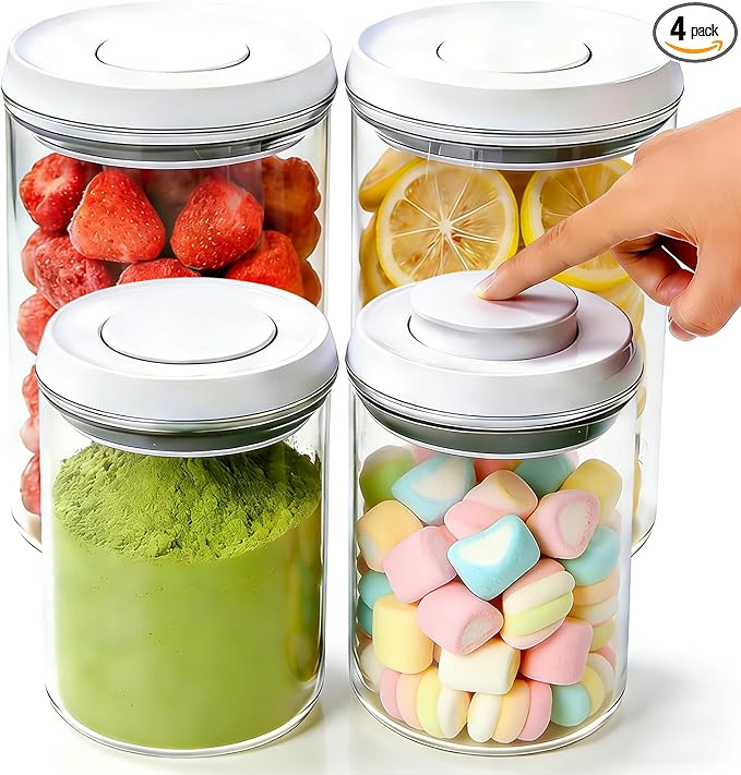 Airtight Pop-Top Food Storage Container Sets with Lids, 4-Piece Round Pop Containers for Kitchen Pantry Organization, BPA-Free Stackable Kitchen Storage Containers for Cereal, Flour, Sugar (0.6, 1.7qt)*2