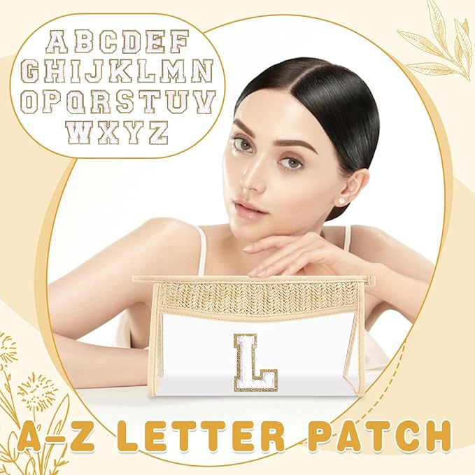 Personalized Initial Letter Bag Boho Straw Clear Makeup Bag, Small Cute Chenille Varsity Letter Bag With Zipper, Beach Travel Toiletry Bag, Portable Monogrammed Cosmetic Bag for Women Girls, L