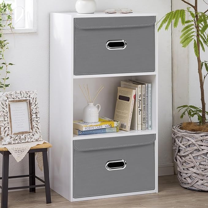 Linen Fabric Foldable Collapsible Storage Cube Bin Organizer Basket with Lid, Leather Handles, Removable Divider for Home, Closet (Grey, 3Pcs)