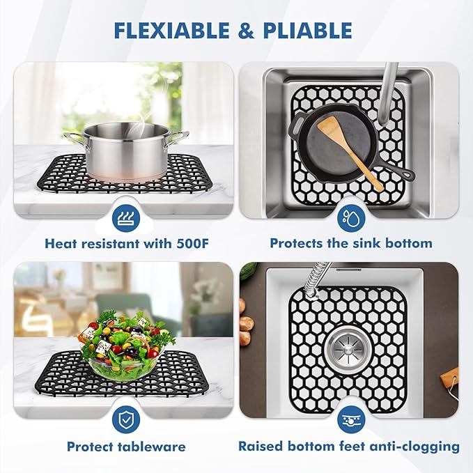 2 Pack Silicone Sink Protectors for Kitchen Sink - 12" x 11" Kitchen Grid Accessory, Non-Slip Heat-Resistant Mat for Bottom of Porcelain Stainless Steel, Dishwasher Safe (Black)