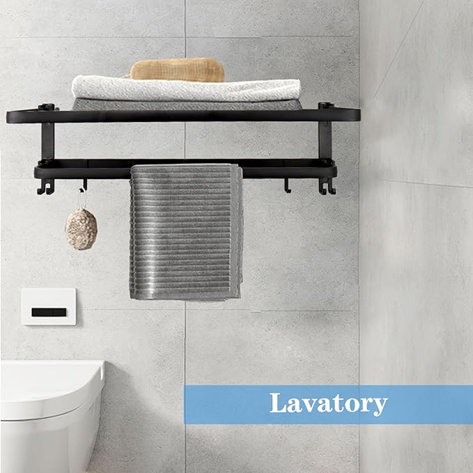 Towel Racks for Bathroom, Foldable Towel Shelf with Towel Bar & 7 Towel Hooks, Rustproof Double Bath Towel Holder Wall Mounted Towel Storage Hanger for Bathroom/Balcony/Lavatory (24in Black)