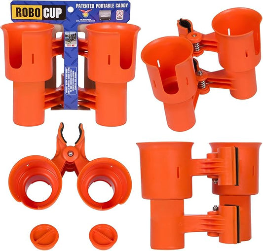 ROBOCUP, (Orange), Patented Clamp On Boat Cup Holder |Multifunction Dual Drink Caddy for Fishing Poles, Tools, Net, Gaff |Portable Storage for Boating, Beach, Umbrellas, Golf Carts, Strollers