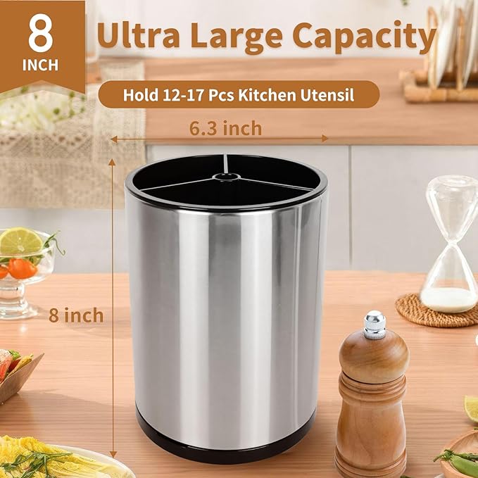 Extra Large Kitchen Utensil Holder, 360° Rotating Stainless Steel Cooking Utensil Holder for Countertop, 3 Compartment Flatware Organizer & Cooking Caddy with Removable Base (Silvery)