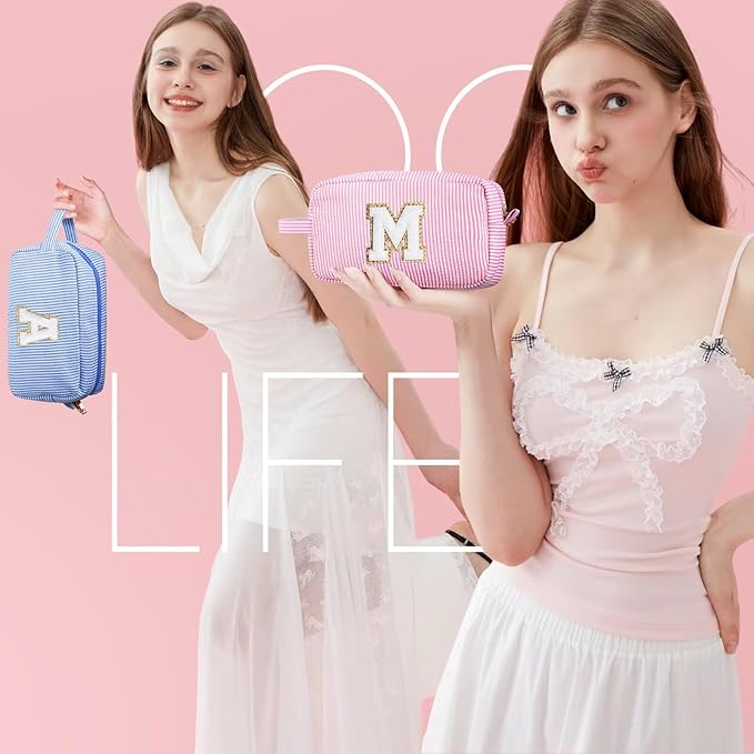 YOOLIFE Christmas Gifts for Women Teen Girls - Initial Makeup Bag Cosmetic Bag Toiletry Pouch, Personalized Birthday Gifts for Women Girls Mom Daughter Sister Friends, Pink A