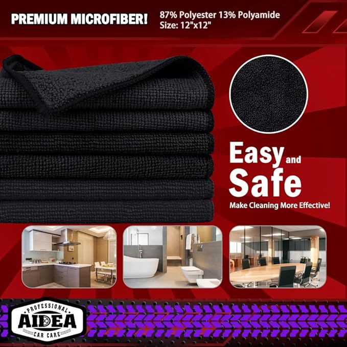 AIDEA Microfiber Cleaning Cloth Black 10PK, Microfiber Towels for Cars, Premium Washcloths, Dusting Cloths, Lint-Free Cleaning Rags for SUVs, House, Kitchen, Window, Cleaning Supplies 12×12"