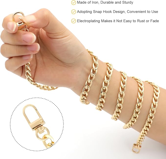 Gold Purse Chain Strap, 43.3 Inch Replacement Bag Strap, Metal Braided Chain for DIY Handbag Shoulder Crossbody Bag
