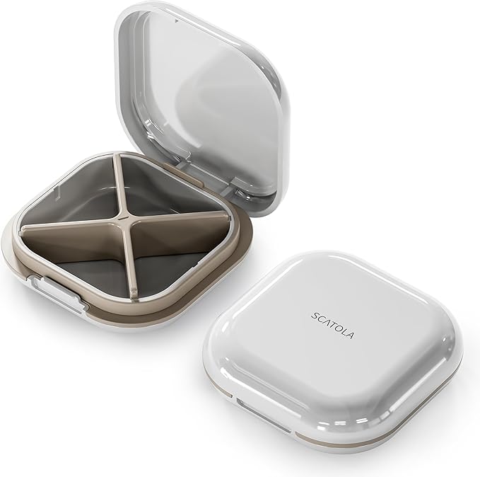 Small Pill Case, Travel Pill Organizer, Small Pill Box, Pill Container for Purse 4 Compartments, Daily Compact Travel Medicine Holder for Vitamins Medication (White Grey)