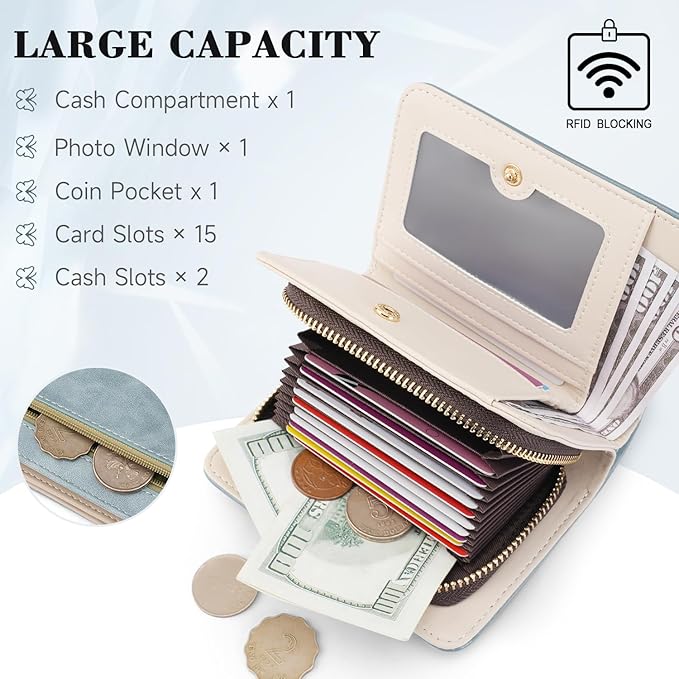 Women RFID Blocking Small Bifold Wallet, Compact Cash Clutch with Zipper Coin Pocket, Glittery Butterfly Design, Credit Card Holder, Travel Purse with Tassel BLUE