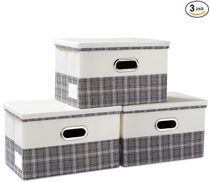 PRANDOM Collapsible Storage Bin with Lid [3-Pack] Fabric Foldable Storage Box Organizer Container Basket Cube with Cover for Home Bedroom Closet Office Nursery Gray Plaid & Cream (14.9x9.8x9.8)
