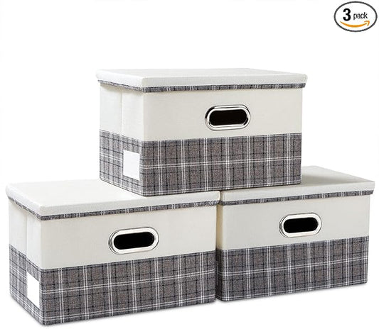 PRANDOM Collapsible Storage Bin with Lid [3-Pack] Fabric Foldable Storage Box Organizer Container Basket Cube with Cover for Home Bedroom Closet Office Nursery Gray Plaid & Cream (14.9x9.8x9.8)