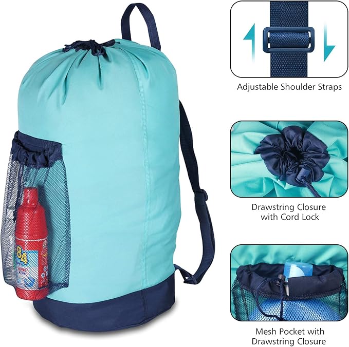Dalykate Laundry Backpack with Shoulder Straps and Mesh Pocket - Durable Nylon Clothes Hamper Bag with Drawstring Closure for College, Travel, Laundromat, Apartment