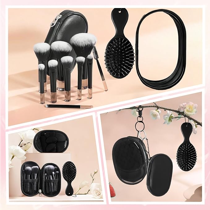 Travel Makeup Brush Set, 77Pcs Mini Makeup Kit Synthetic Foundation Concealers Eye Shadows Brushes Powder Puff with Eyelash Curler Eyebrow Razor Comb Mirror Hair Clips Cosmetic Bag (Black)