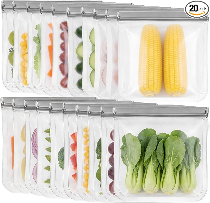 20Pack Extra Thick Silicone Gallon Freezer Bags, Reusable Sandwich & Storage Bags - Eco-Friendly Reusable Zip Lock Bags, Freezer Storage Bags, Safe for Cooking, Dishwasher & Organization