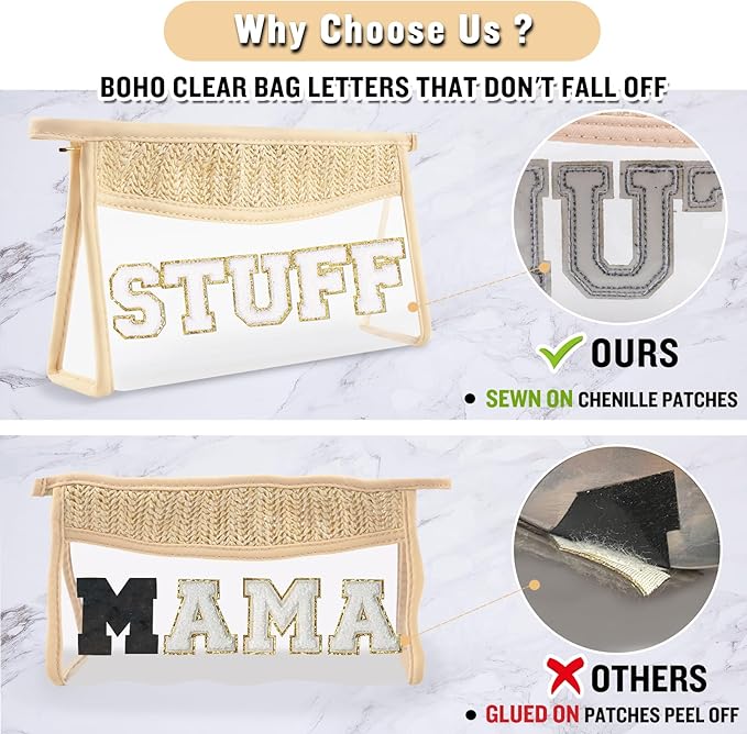 Boho Clear Makeup Letter Patch Makeup Bag STUFF Pouch, Clear Toiletry Bags Travel Small Cute Stadium Chenille Letter Cosmetic Zipper Pouch Purse, Waterproof Glitter Makeup Organizer for Women (STUFF)