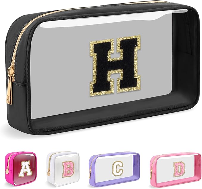 Small Clear Personalized Initial Makeup Bag,Nylon Preppy A-Z Chenille Letter Patch Cosmetic Pouch Beach Toiletry Bag,Waterproof Zipper Travel Purse Storage Bag Organizer for Women Girls(Black-Black H)