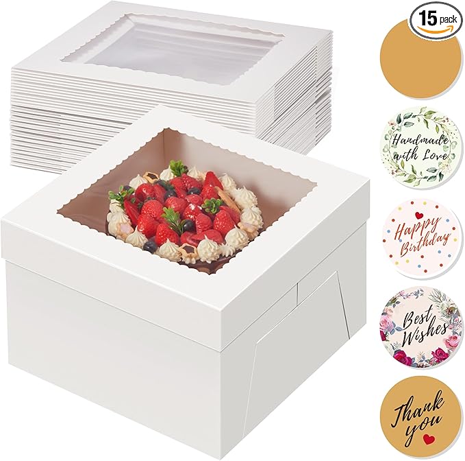 Kootek 15pcs Cake Boxes, 12x12x6 Inches Cake Box with Window, White Bakery Boxes, Large Baking Boxes, Square Cardboard Cake Box for Cakes, Baked Goods, Cake Decorating Supplies for Gift Giving