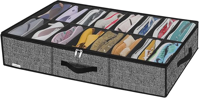 Onlyeasy Sturdy Under Bed Shoe Storage Organizer, Fits 8 to 16 Pairs, Collapsible Closet Underbed Shoes Container Bags with Reinforced Handles, 37.7x23.6x5.9in, Linen-like Black, MXAUBS16P1