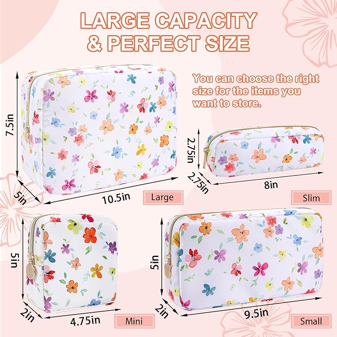 Waterproof Small Floral Pencil Case Makeup Bag for Purse, Cute Flower Pencil Pouch Preppy Nylon Makeup Brush Holder with Zipper, Girls Portable Storage Case Pen Bag for Work (Slim Colorful-Flowers)