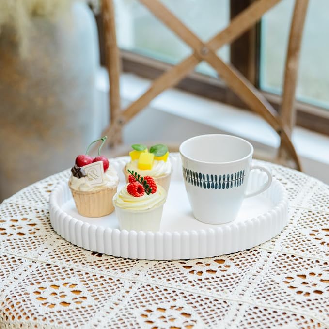 11.8in Decorative Tray for Coffee Table Decor- White Oval Concrete Tray for Home Decor- Scalloped Flat Modern Centerpieces Tray Decor for Living Room, Kitchen Dining Table, Entryway (White)