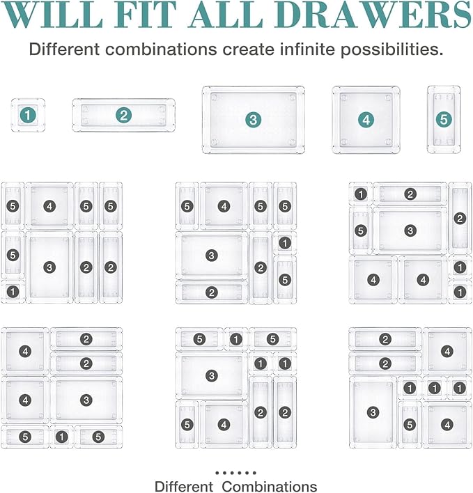 16 PCS Drawer Organizer Set, 5 Varied Size Bathroom and kitchen Drawer cabinet organizer Trays, Clear Storage Bins for Makeup, Jewelry, Utensils and Gadgets