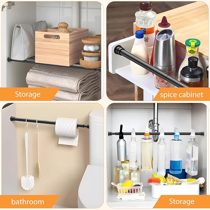 Tension Curtain Rod 26 to 48 Inch Adjustable Tension Rods 2 Pack Expandable Spring Tension Rod Black No Drilling for Closet Kitchen Cupboard Wardrobe Door Bookshelf DIY Projects