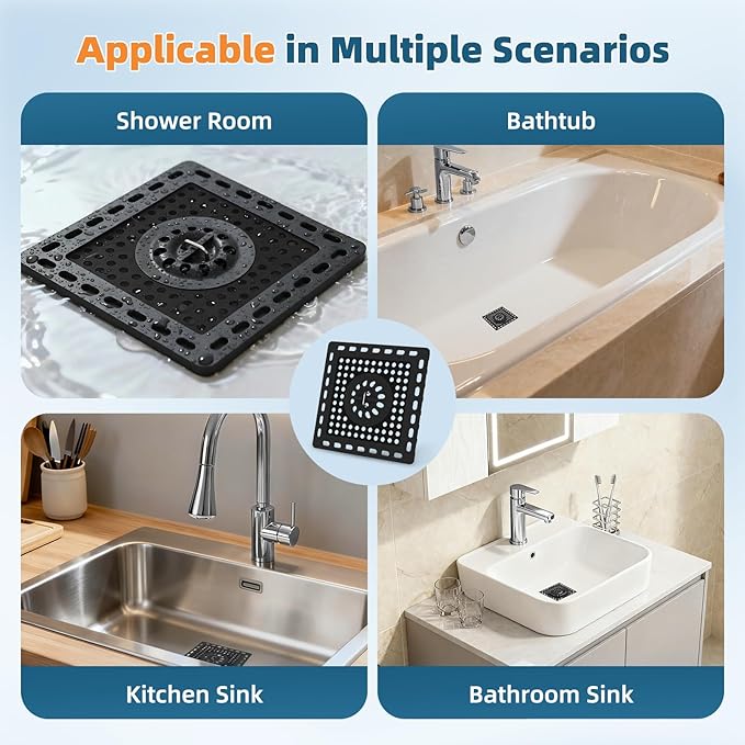 Hibbent 2 Pack Shower Drain Hair Catcher, Shower Drain Cover for Bathroom Floor 4" Drain, Anti-Clogging Bathtub Drain Strainer, Stainless Steel Kitchen Sink Drain Strainer with Handle, Matte Black
