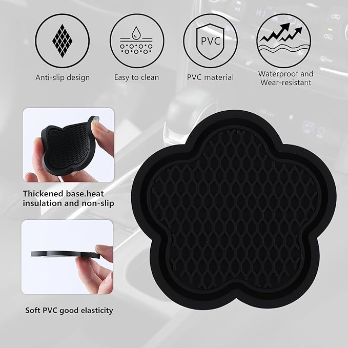 GArhomxy Non-Slip Cup Coaster, 4pcs Universal Shaped Coaster, PVC Flower, Crystal Car Interior (Black)