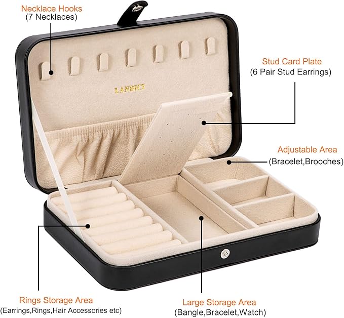 LANDICI Small Jewelry Box for Women Girls, PU Leather Travel Jewelry Case, Portable Jewelry Organizer Storage Holder Display for Ring Earrings Necklace Bracelet Bangle Men Kids Gift, Black