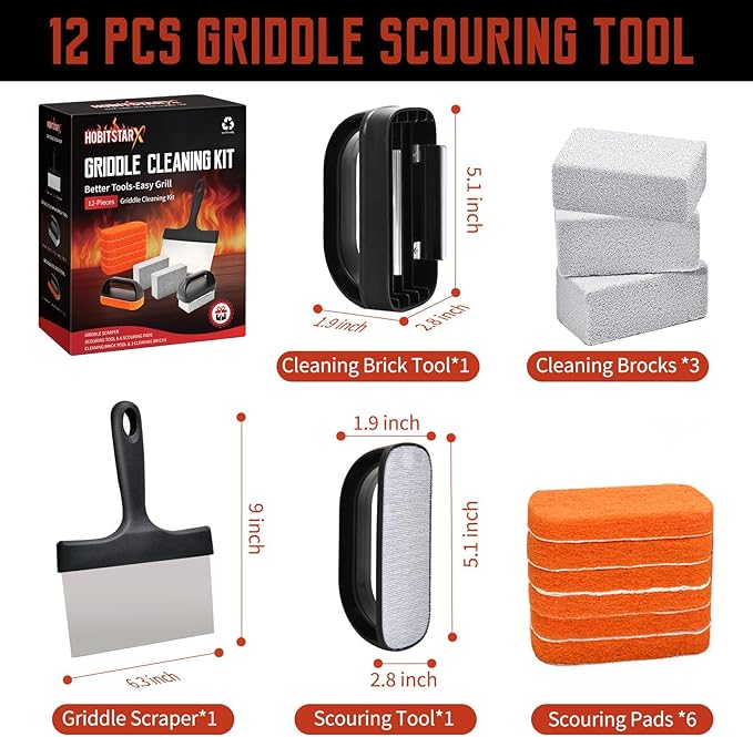 Griddle Cleaning Kit for Blackstone – Grill Stone, Non-Scratch Scouring Pads, Heavy-Duty Scraper & Ergonomic Handles – Flat Top Grill Accessories (12PCS Orange)